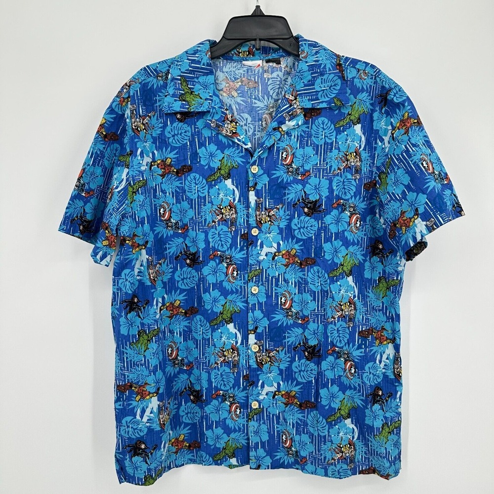Vtg Marvel The Avengers Hawaiian Shirt L Blue Floral Tropical Beach Vacation